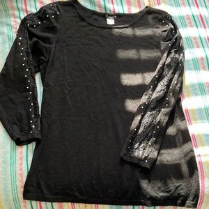 Venus women’s black sweater top with lace and rhinestone bling sleeves